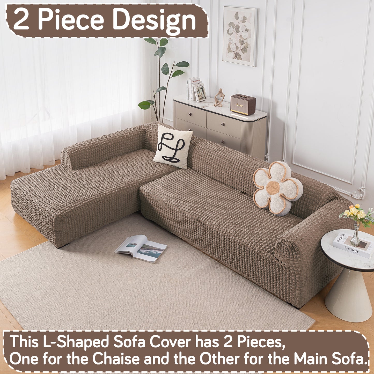 Aria Nova 280 GSM Bubble 2-Piece Stretchable L Shape Sofa Cover with Left Chaise, Mocha Brown