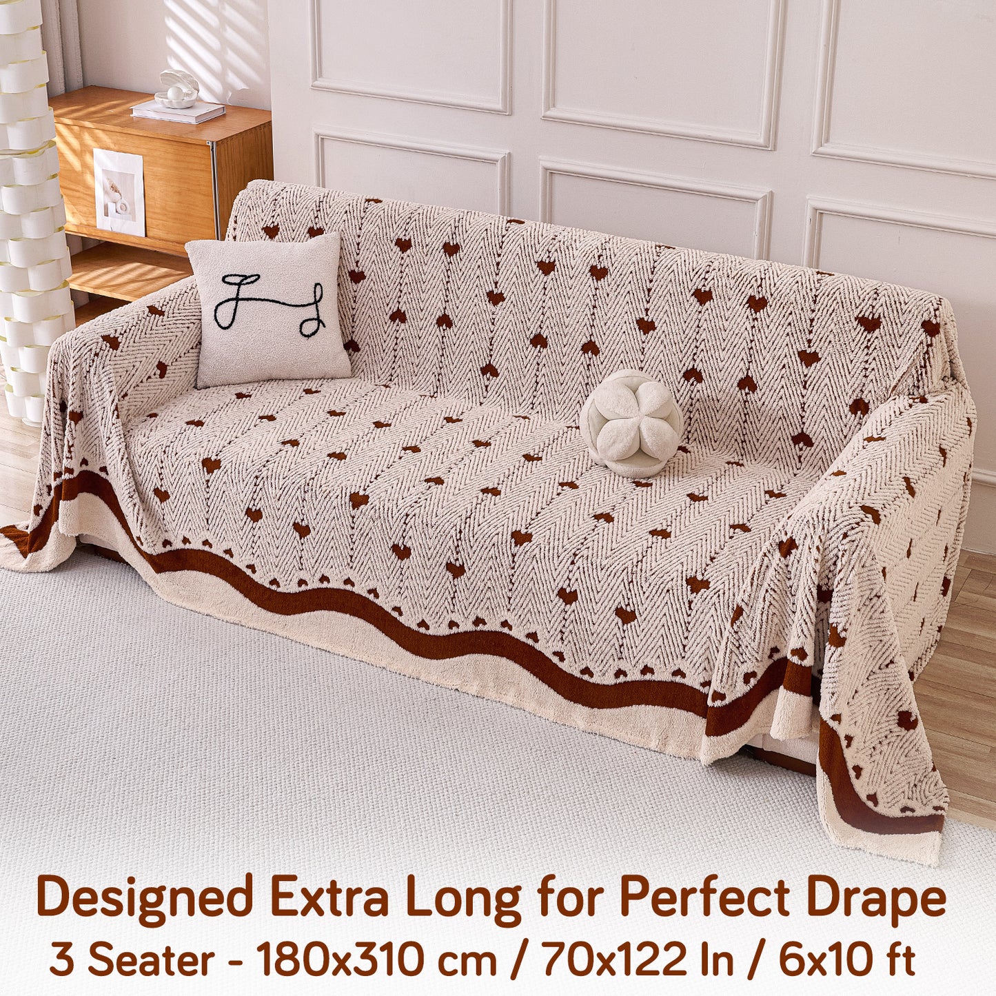 Buy Mocha Cream Colour Cozy Heart Series Luxury Plush Sofa Throw – 3 Seater Sofas | HOKIPO