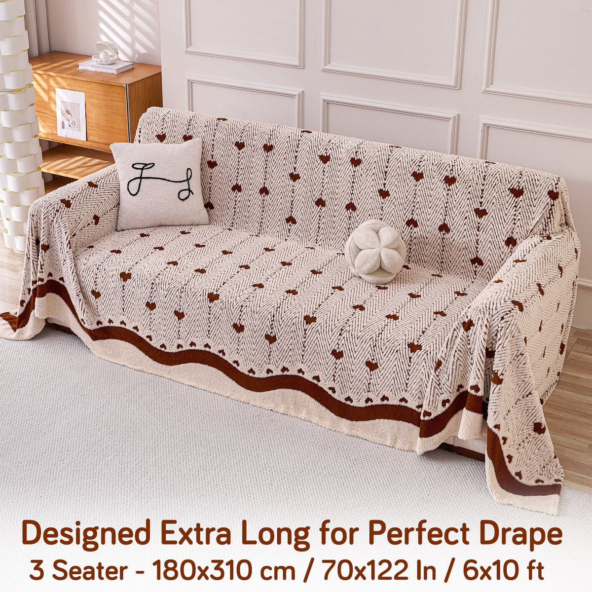 Buy Mocha Cream Colour Cozy Heart Series Luxury Plush Sofa Throw – 3 Seater Sofas | HOKIPO