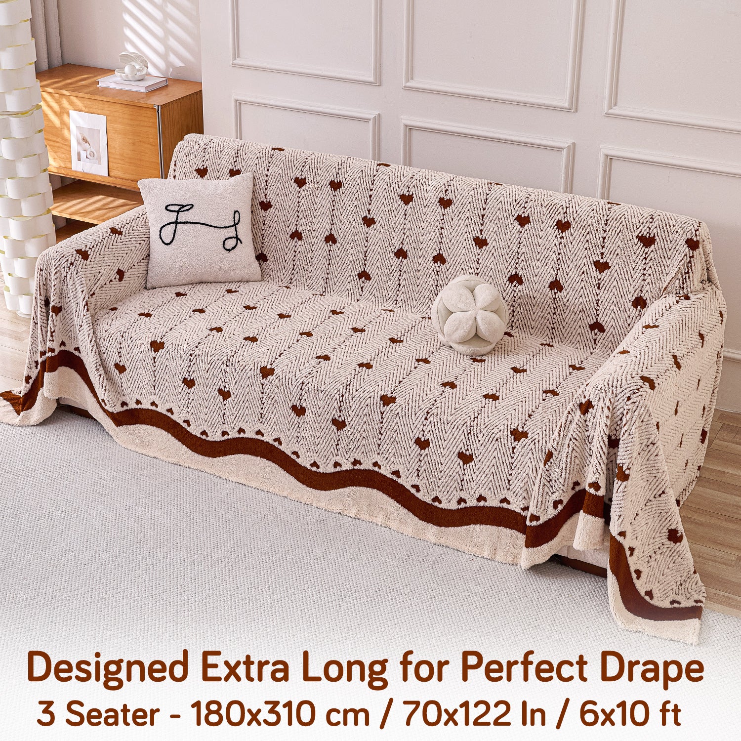 Buy Mocha Cream Colour Cozy Heart Series Luxury Plush Sofa Throw – 3 Seater Sofas | HOKIPO