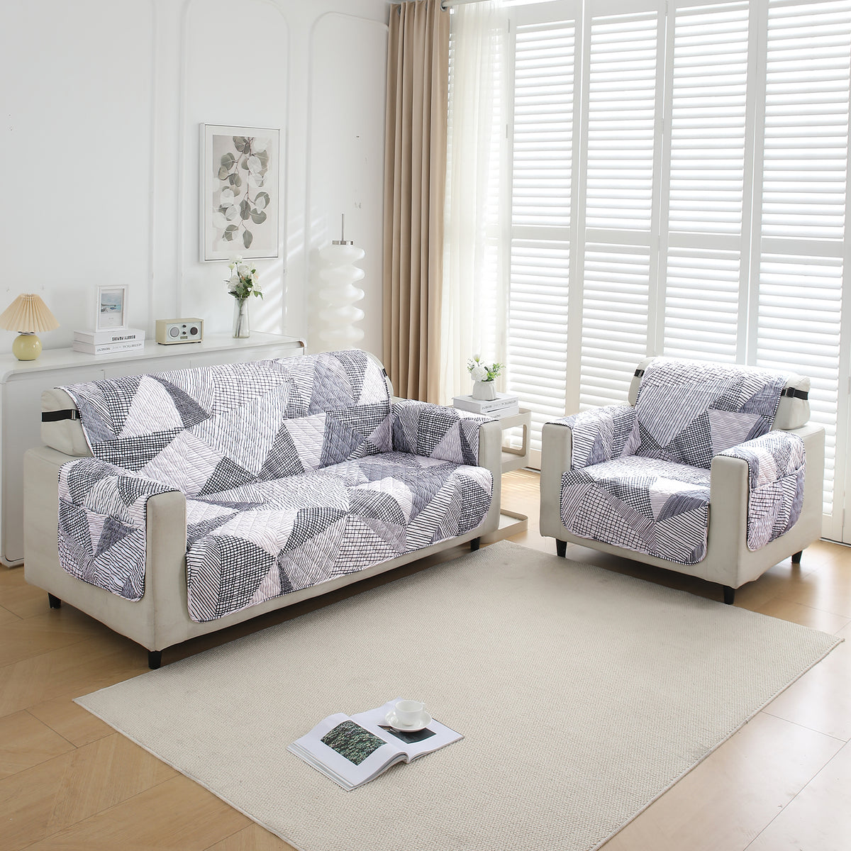Waterproof & Quick-Dry Quilted Sofa Cover with Pockets on Armrest, Snow White Black Geometry