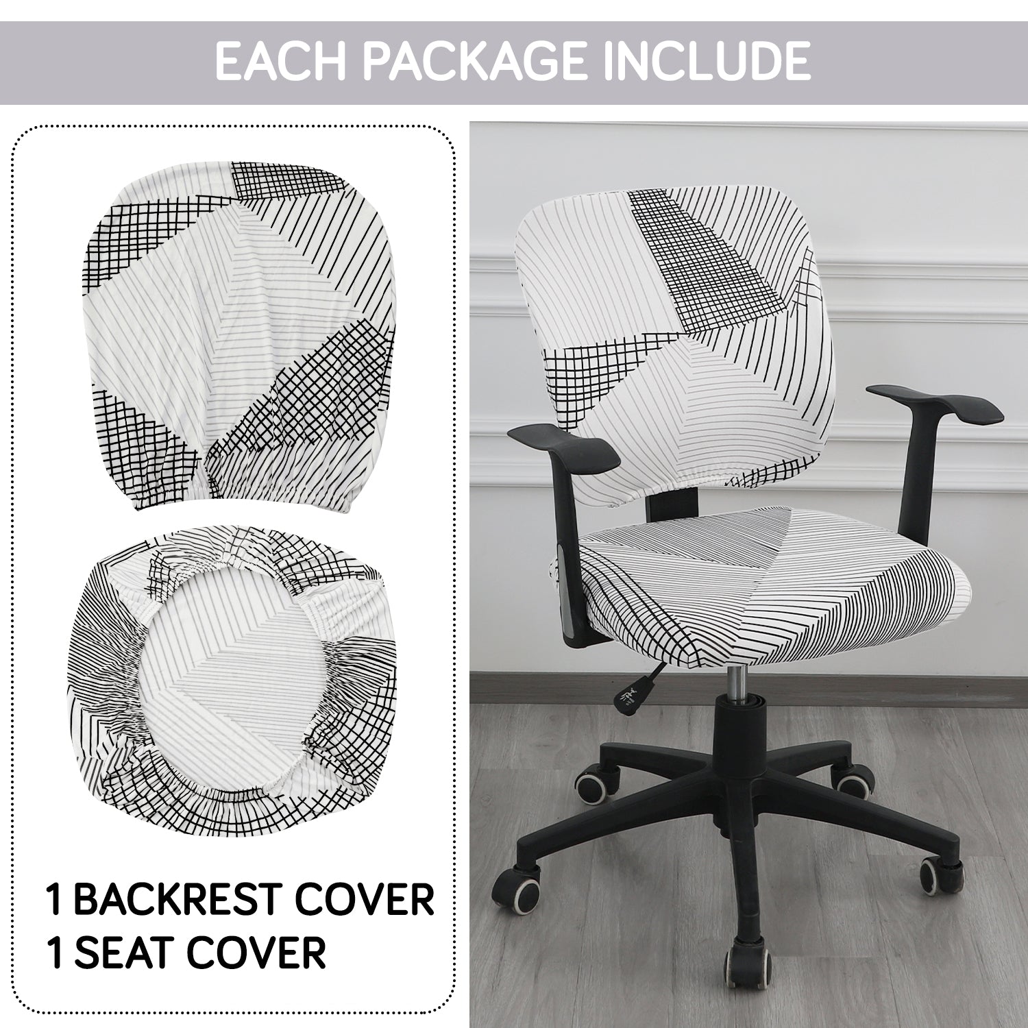 2 piece Snow White Black Geometry Print Stretchable regular office chair seat covers