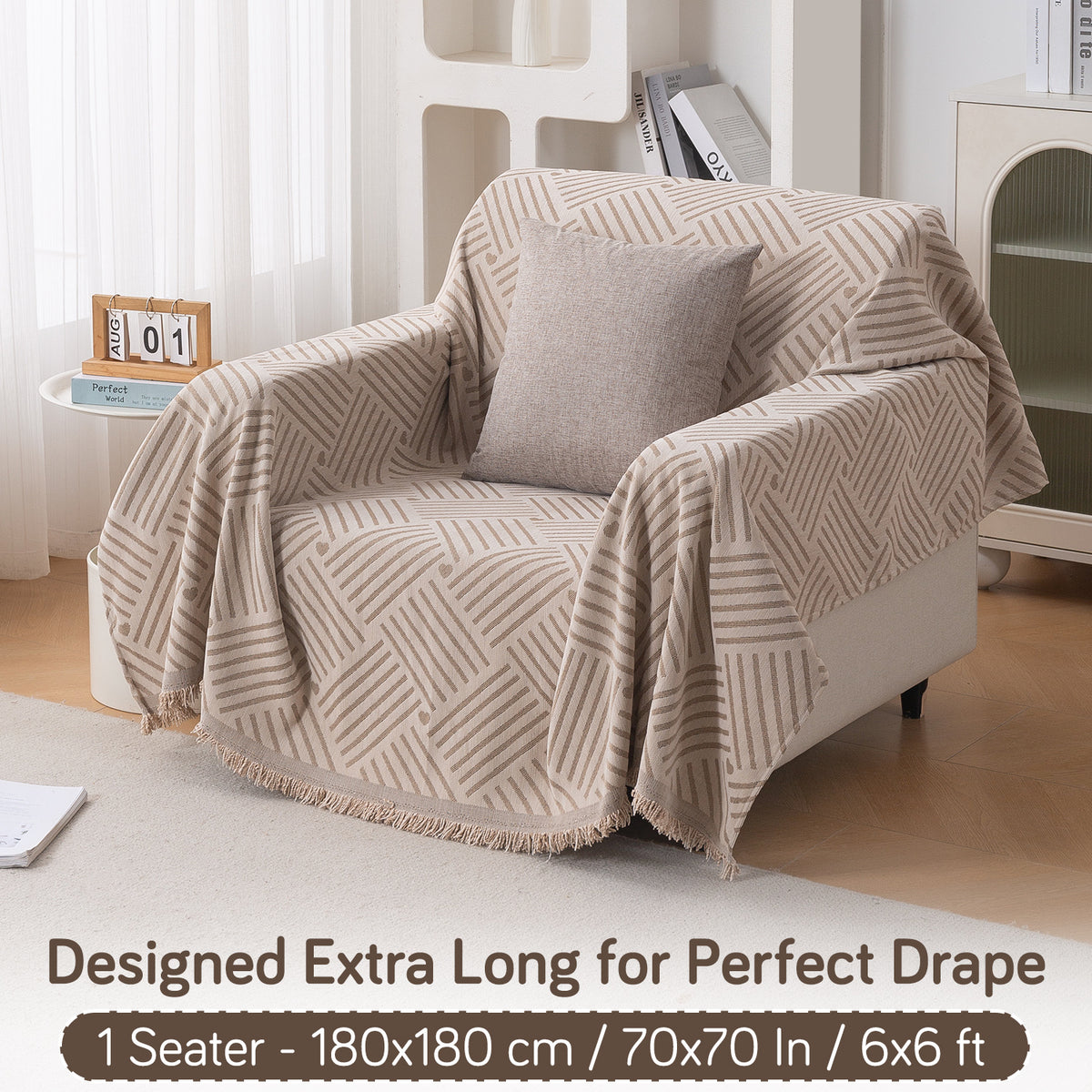 Buy Beige Geo Weave Serene Abode Chenille Single Seater Sofa Throw | HOKIPO