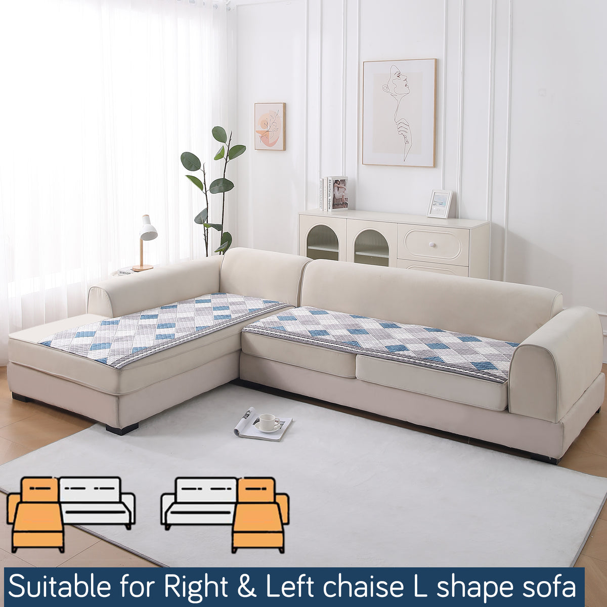 LiefNest Printed Holland Velvet L Shape Sofa Seat Mat with Foam Filling - Diamond Slate Grey Blue