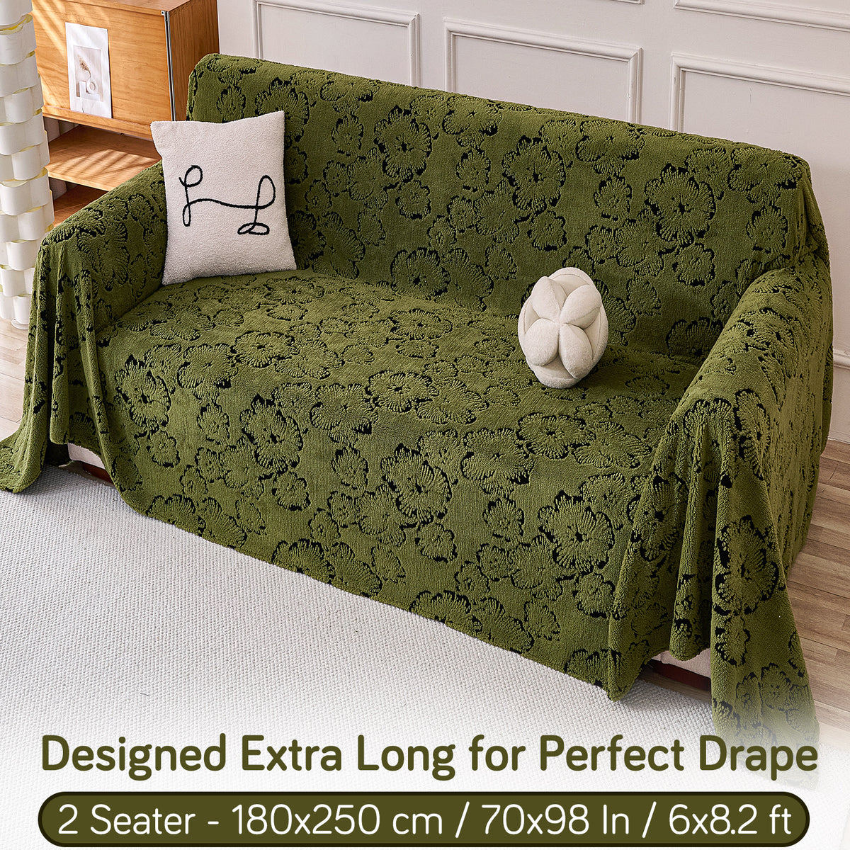 Buy Forest Olive Colour Camellia Blossom Luxury Plush Sofa Throw – 2 Seater Sofa | HOKIPO