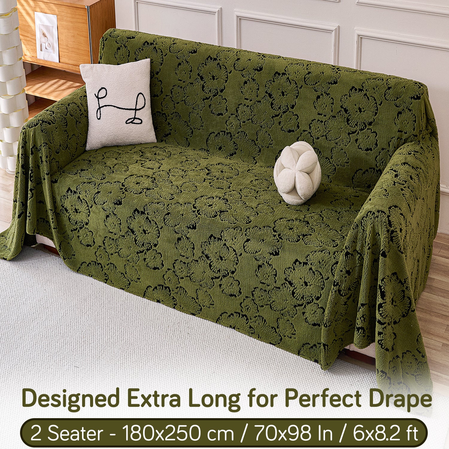 Buy Forest Olive Colour Camellia Blossom Luxury Plush Sofa Throw – 2 Seater Sofa | HOKIPO