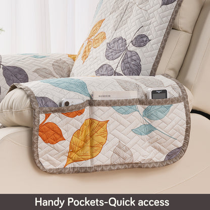 Quilted Cover for Recliner Sofa with SecureFit Belt & Side Pocket, Multicolor Leaves