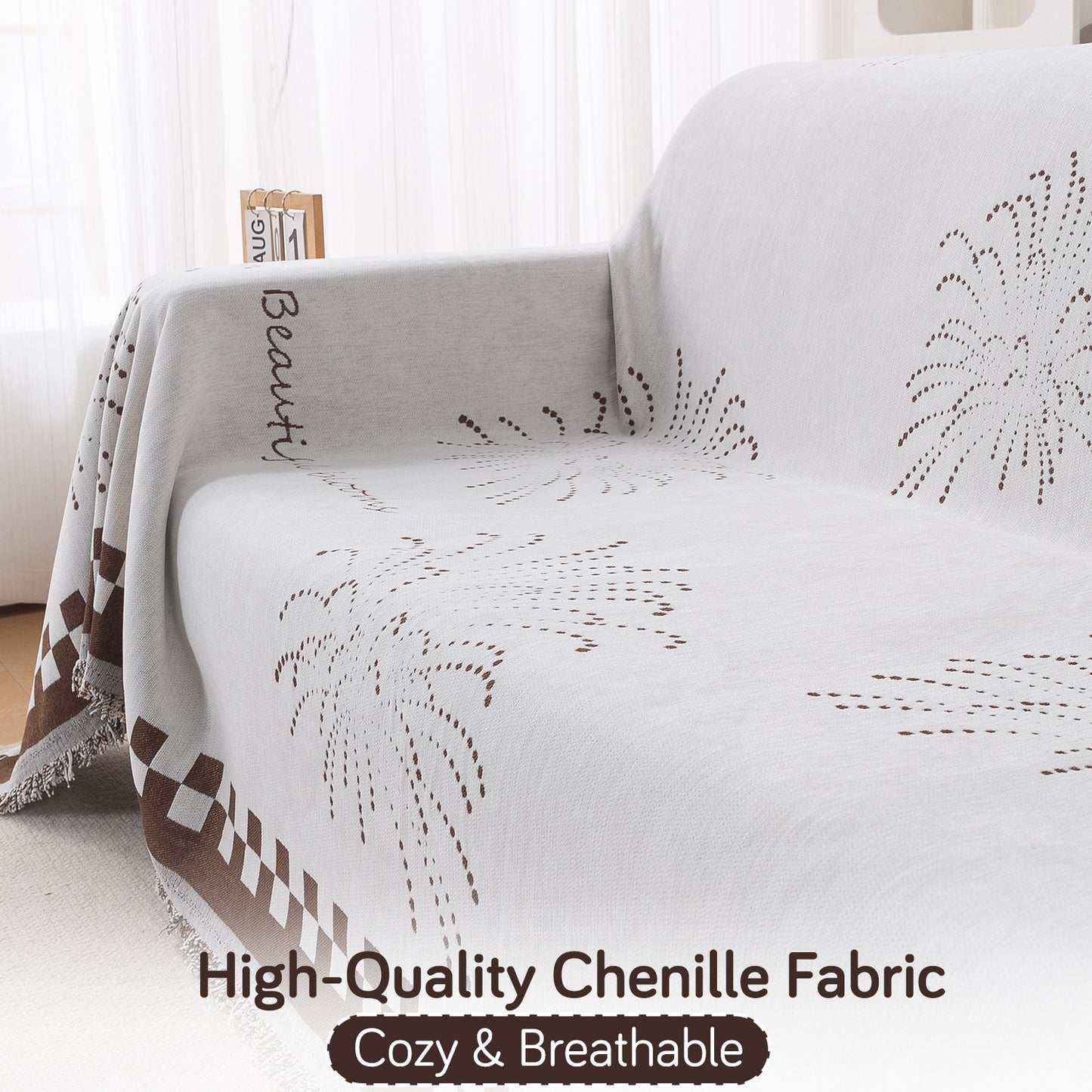 Premium 320 GSM Chenille Sofa Cover Throw All Season 'Serene Abode Series', Brown Dot Burst