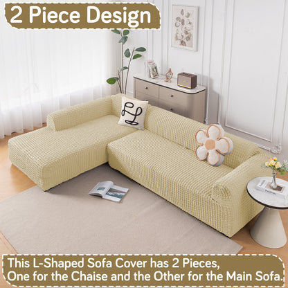 Aria Nova 280 GSM Bubble 2-Piece Stretchable L Shape Sofa Cover with Left Chaise, Beige