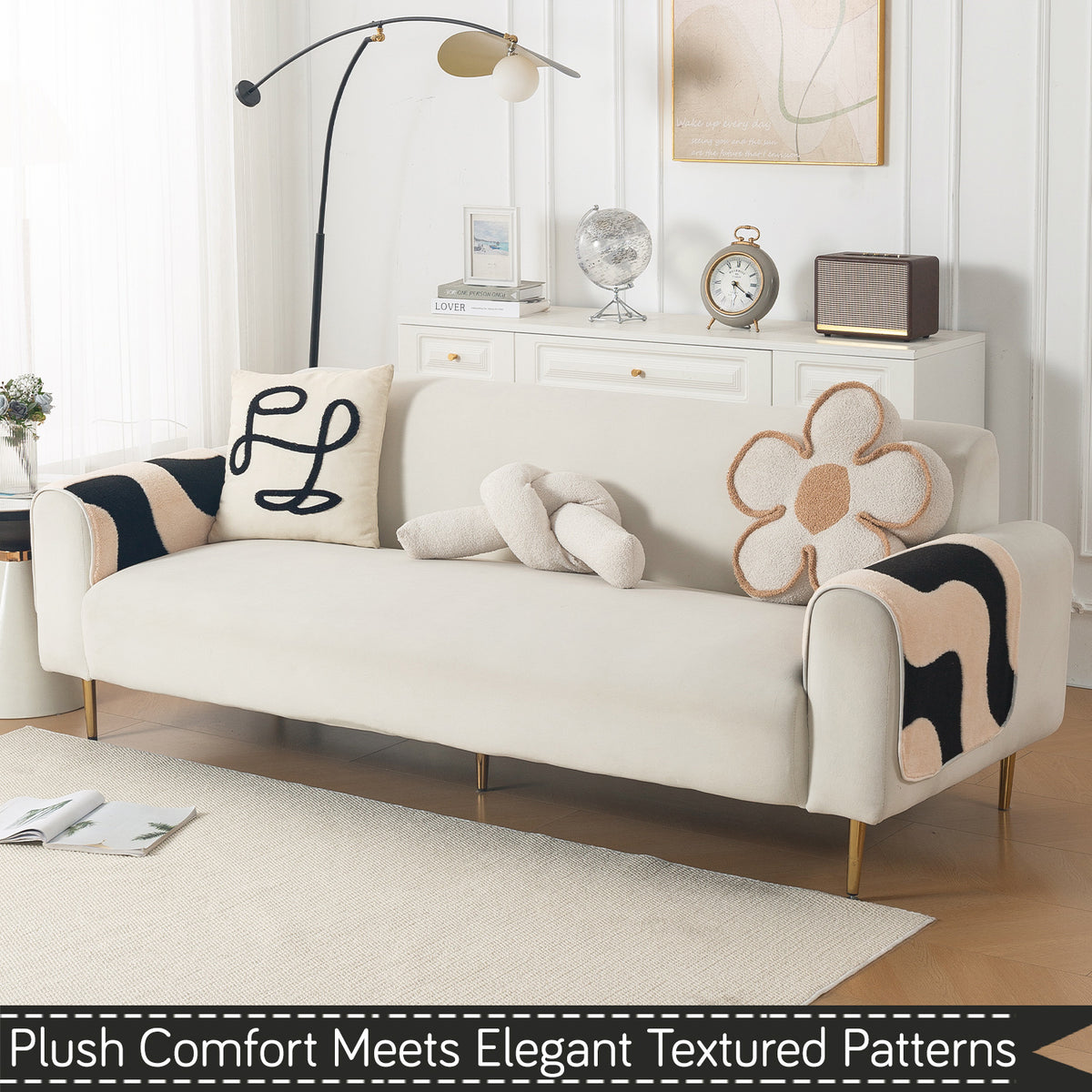 Luxury Plush Sherpa Anti-Slip Sofa Cover Mat, 'Noirea Series'| Wavy Stripe