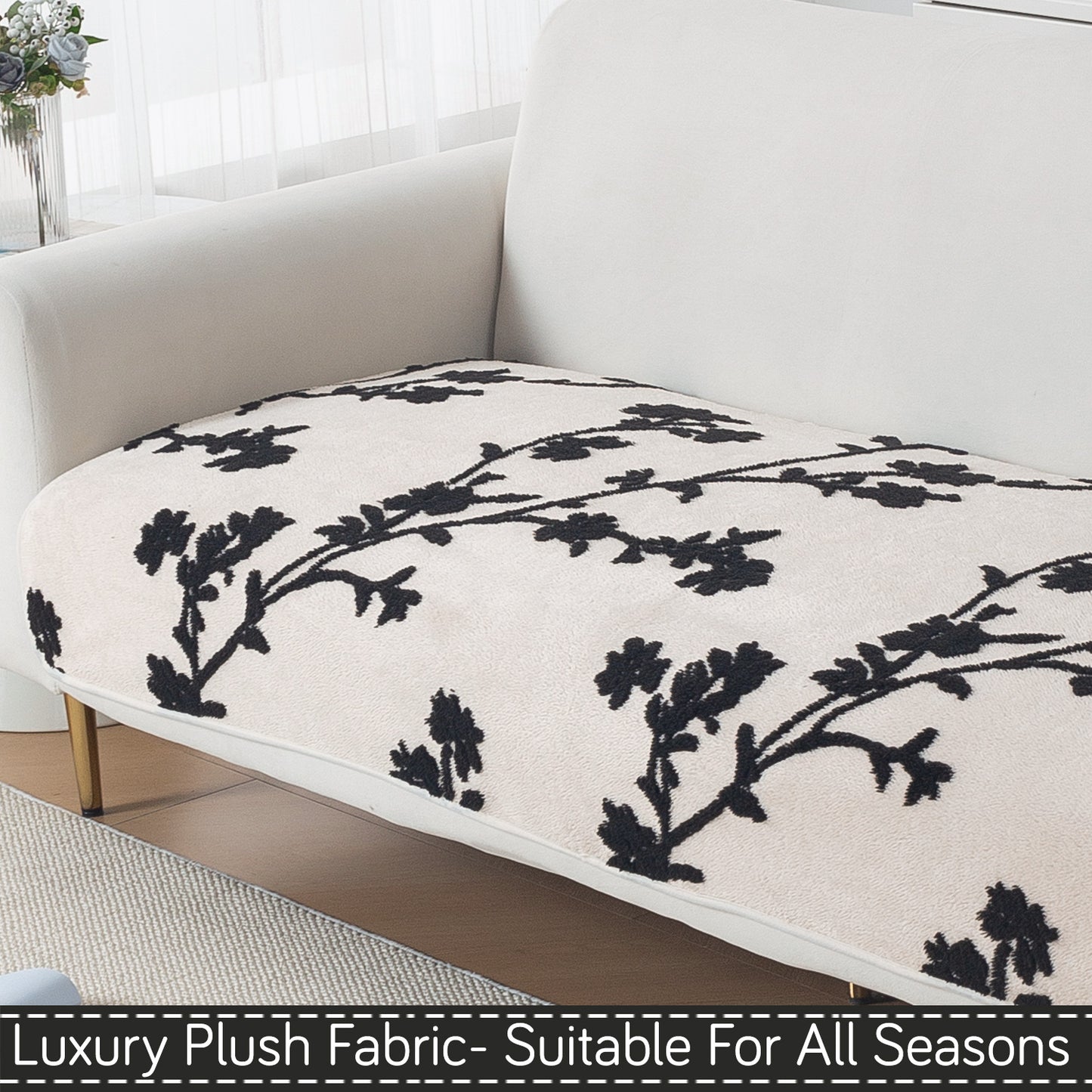 Luxury Plush Sherpa Anti-Slip Sofa Cover Mat, 'Noirea Series'| Botanical Vine