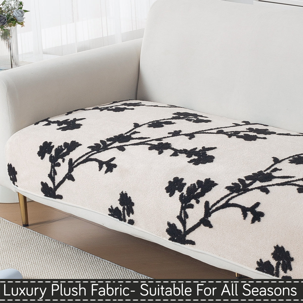 Luxury Plush Sherpa Anti-Slip Sofa Cover Mat, 'Noirea Series'| Botanical Vine