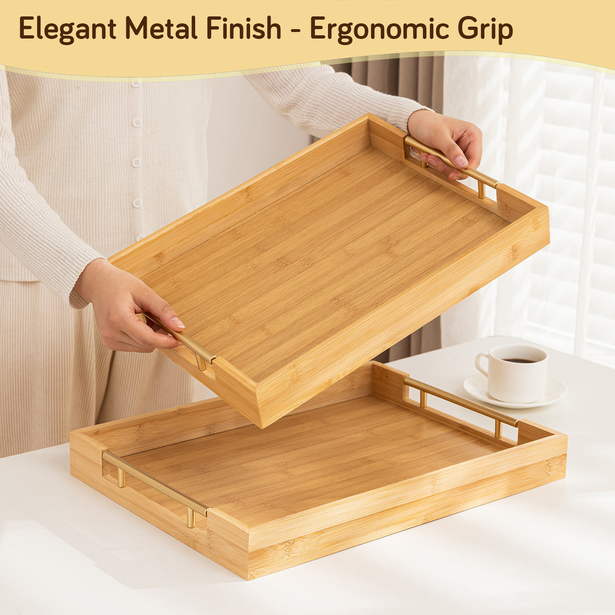 Elegant Fininsh Bamboo Serving Tray Set with Gold Handles | Set of 2