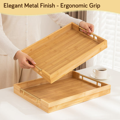 Bamboo Set of 2/3 Serving Tray Set with Gold Handles – Elegant Wooden Trays for Kitchen