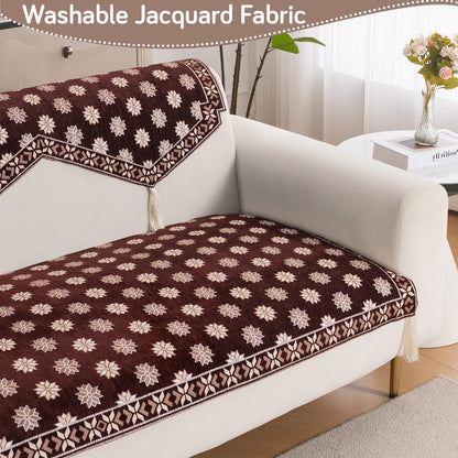 Heritage Weave Premium Jacquard Sofa Cover Set with Tassels - Coffee Brown