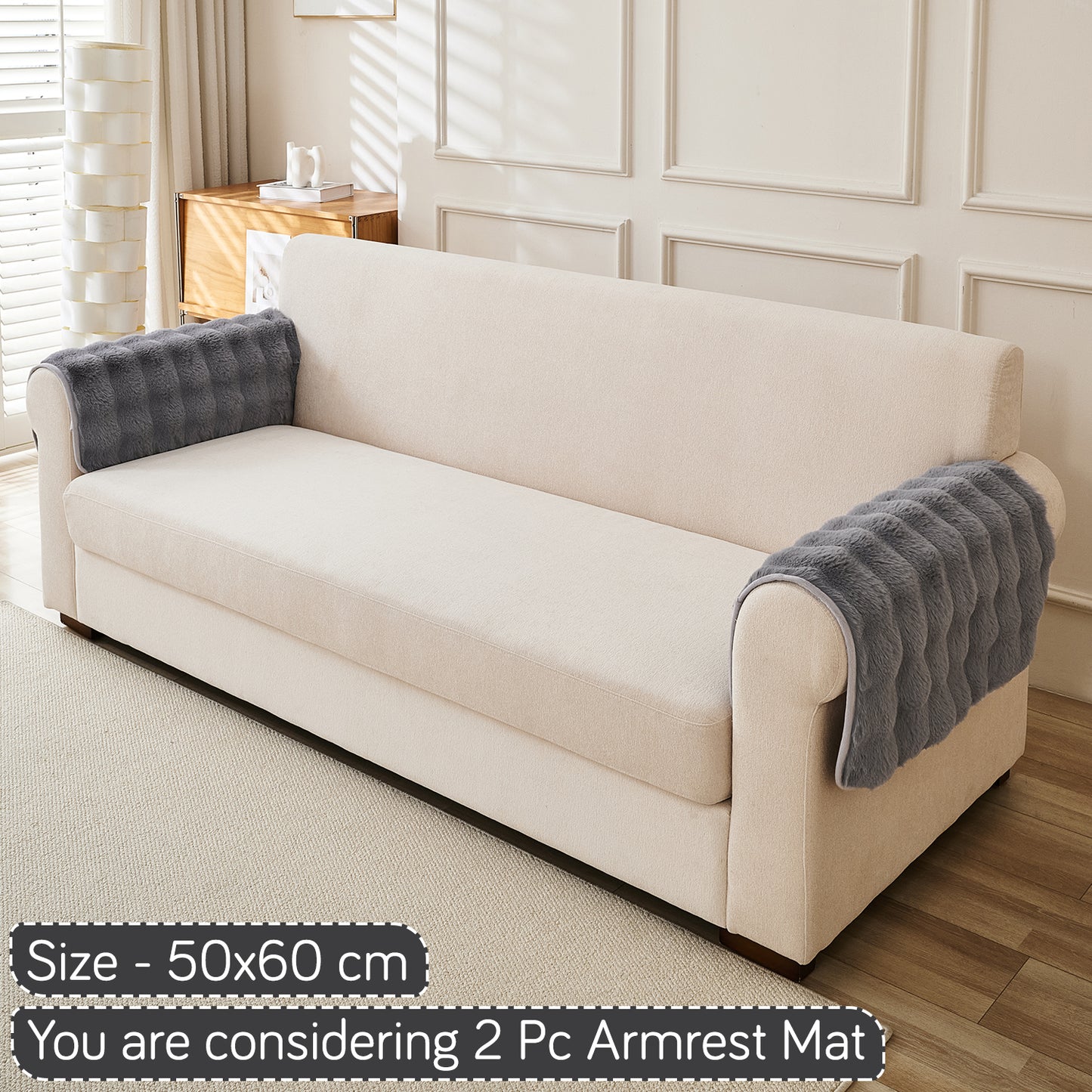 Premium Faux Rabbit Fur Anti Slip Sofa Mat for 1/2/3 Seater, Cool Grey