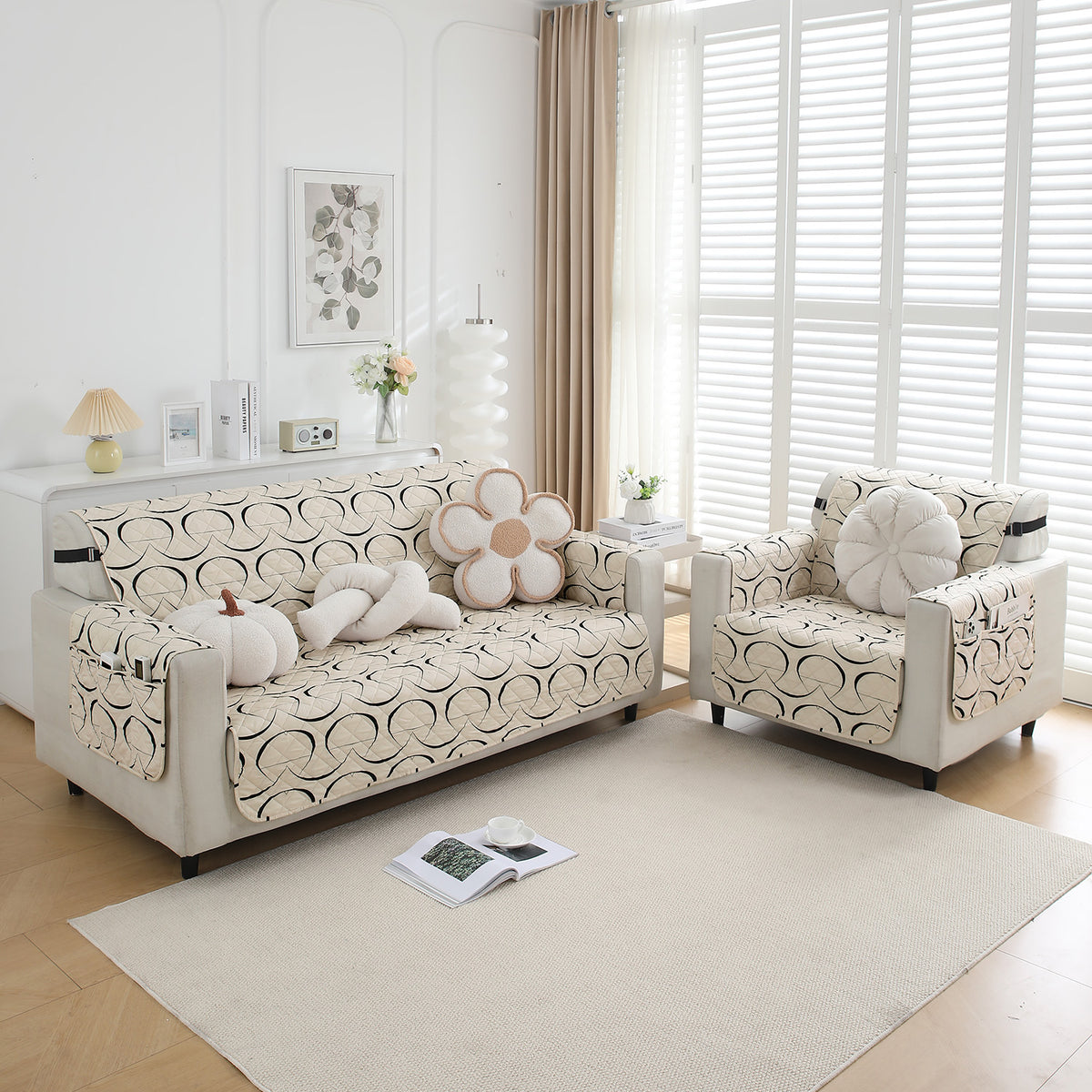 Waterproof & Quick-Dry Quilted Sofa Cover with Pockets on Armrest, Natural Beige Abstract Art