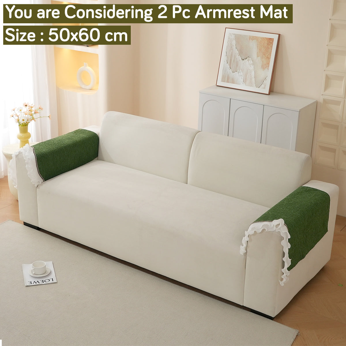 French Classic Frill Wavy Sofa Cover Mat with Curve & Lace - Dark Olive Green