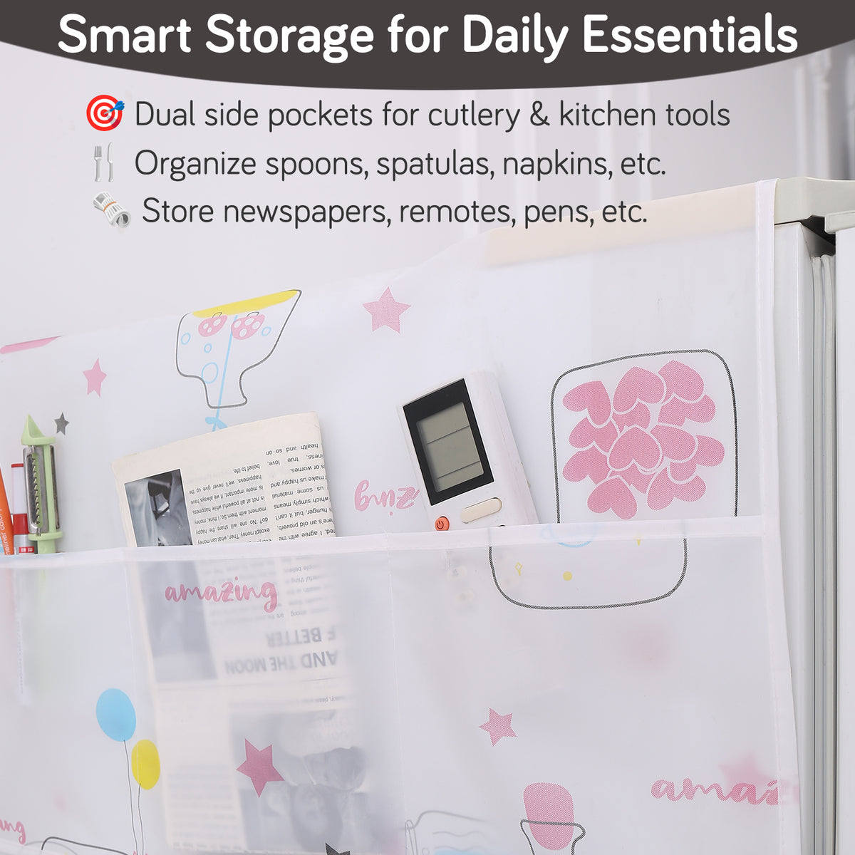 Small / Large Fridge Cover Top | For Smaller Single Door, Double Door and Bigger Double Door Refrigerator - Waterproof, Printed with 6 Side Pockets, Whimsical Bottles