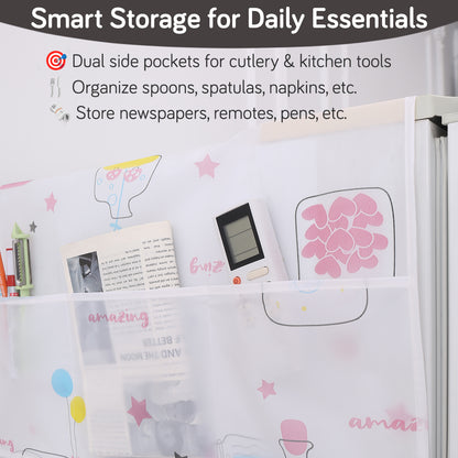 Small / Large Fridge Cover Top | For Smaller Single Door, Double Door and Bigger Double Door Refrigerator - Waterproof, Printed with 6 Side Pockets, Whimsical Bottles