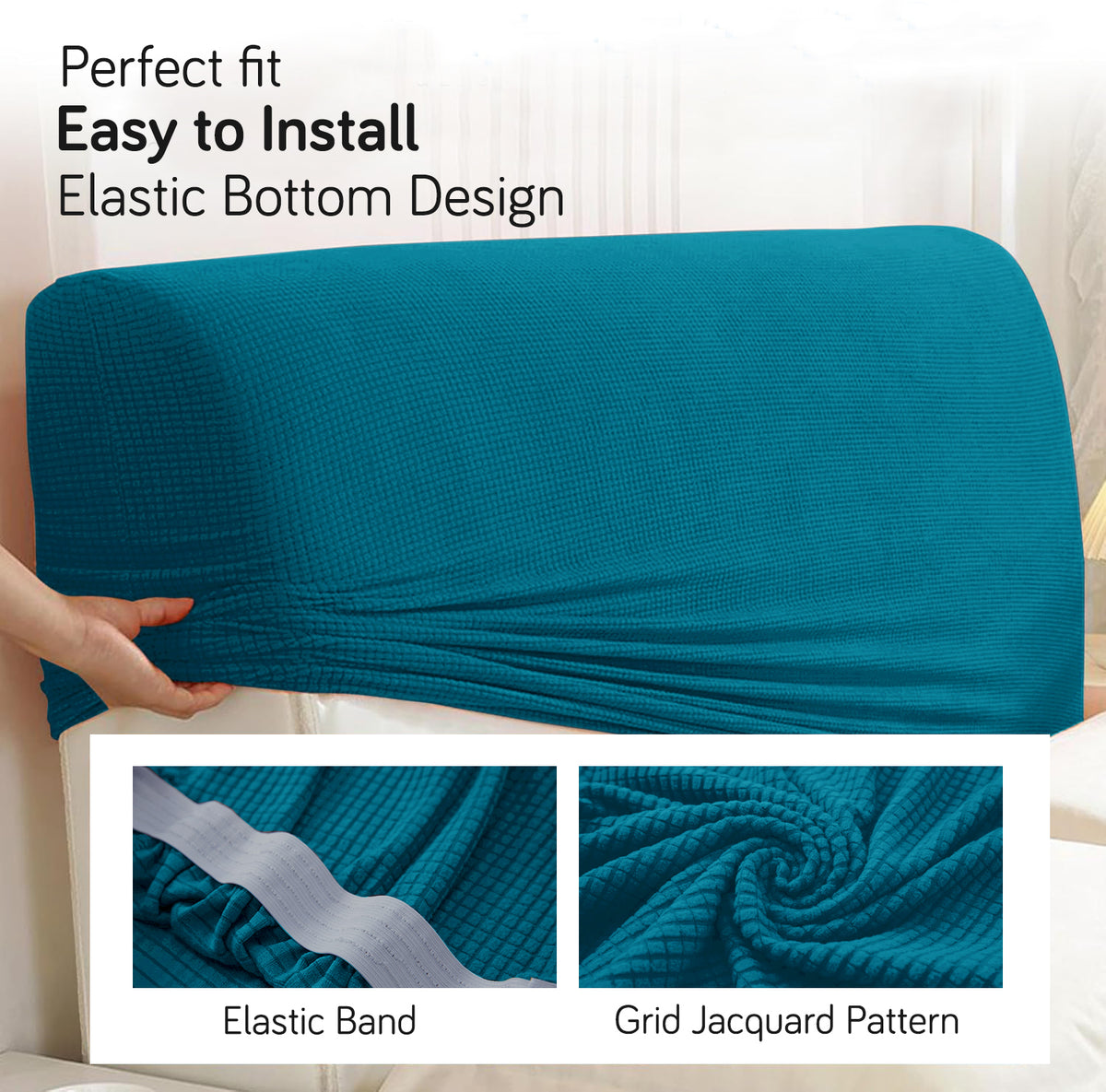 Buy Teal Colour jacquard bed headboard cover with elastic bottom, easy to install and perfect fit design for beds