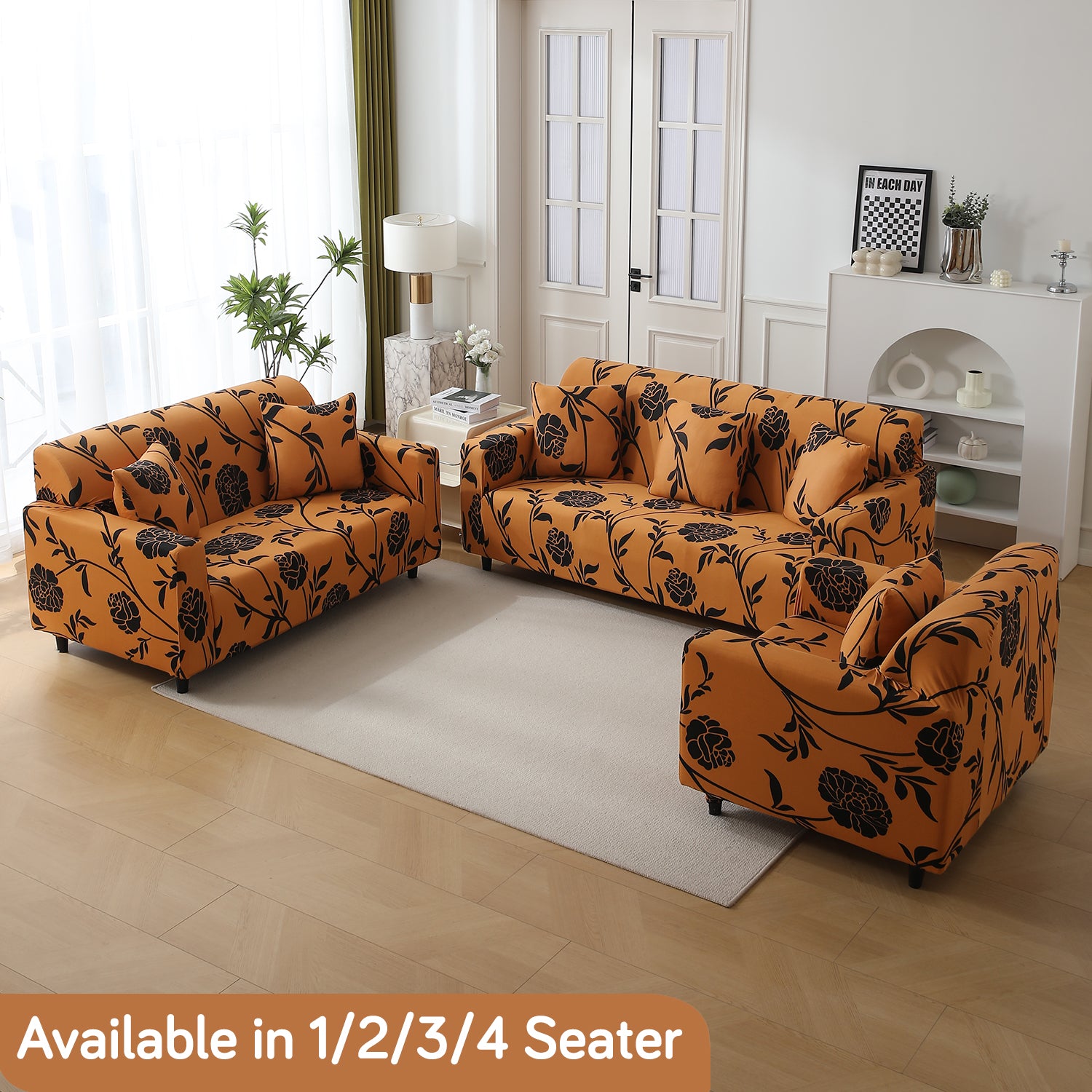 Copper Brown Floral Printed elastic sofa cover sets for 1,2,3,4,5 & 7 seater sofas