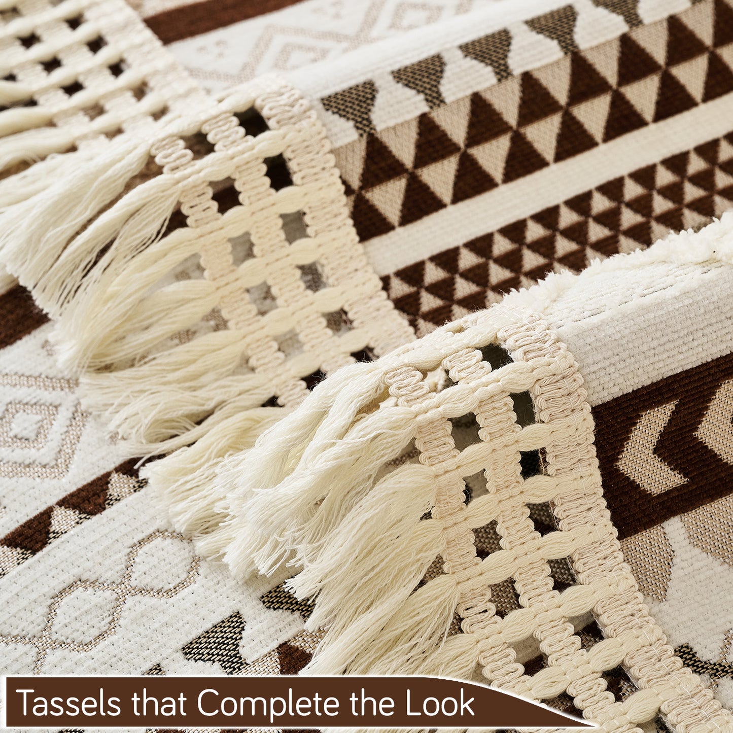 Nordic Boho Geometric Sofa Cover Mat with Tassel, 'Nordic Tassel Series'  Chocolate Brown