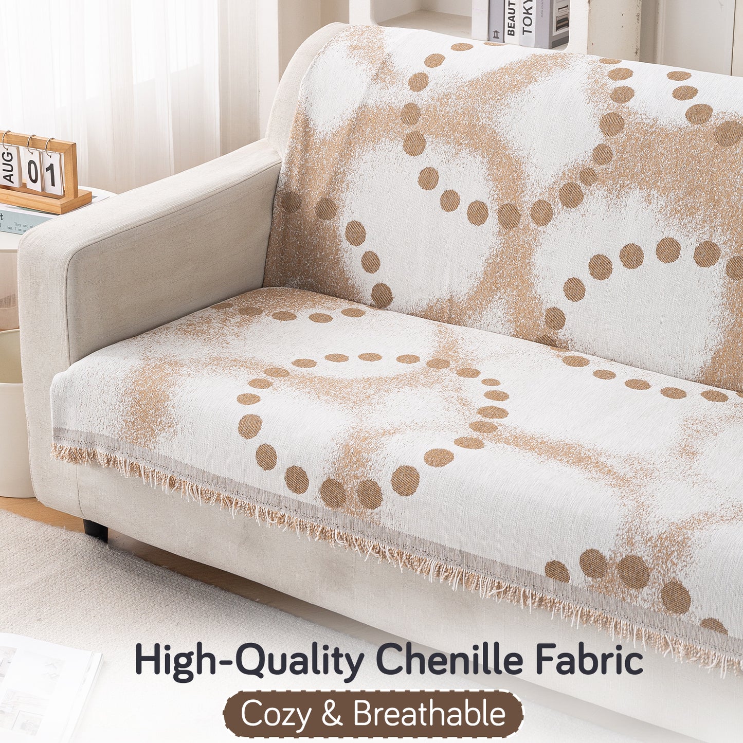 Premium 320 GSM Chenille Sofa Cover 'Serene Abode Series', Latte Dotted Wave