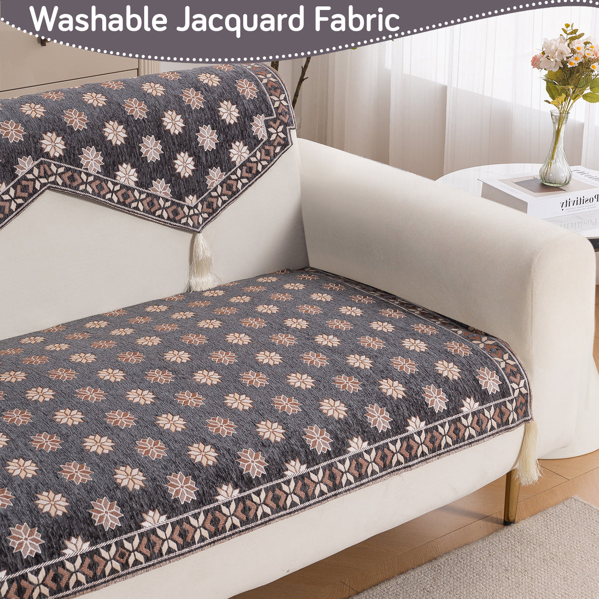 Heritage Weave Premium Jacquard Sofa Cover Set with Tassels - Graphite Grey