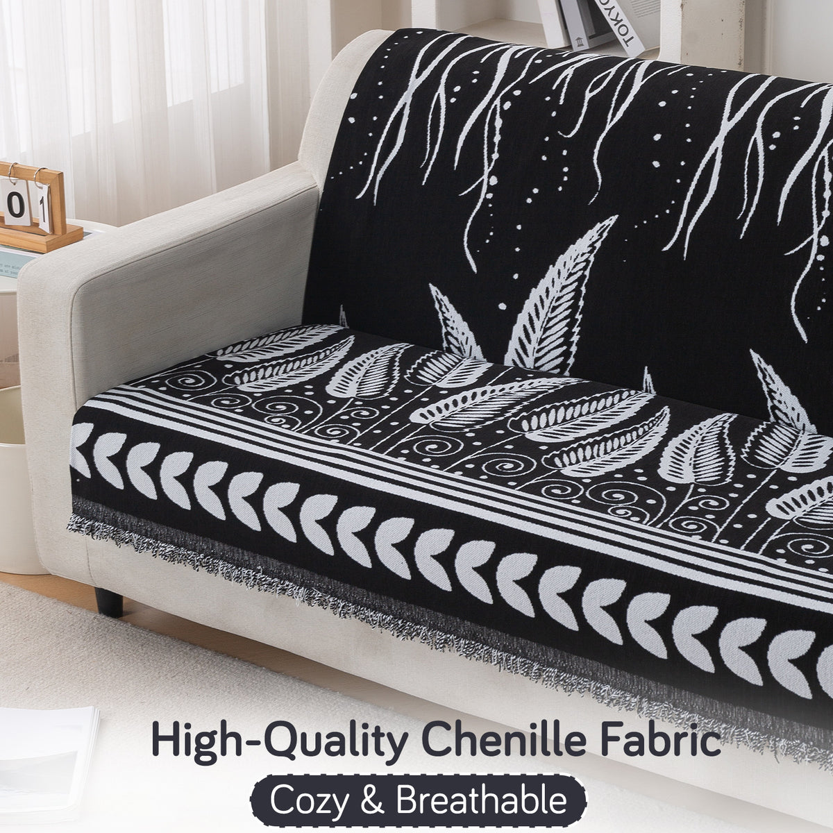 Premium 320 GSM Chenille Sofa Cover 'Serene Abode Series', Black Fern Tribal