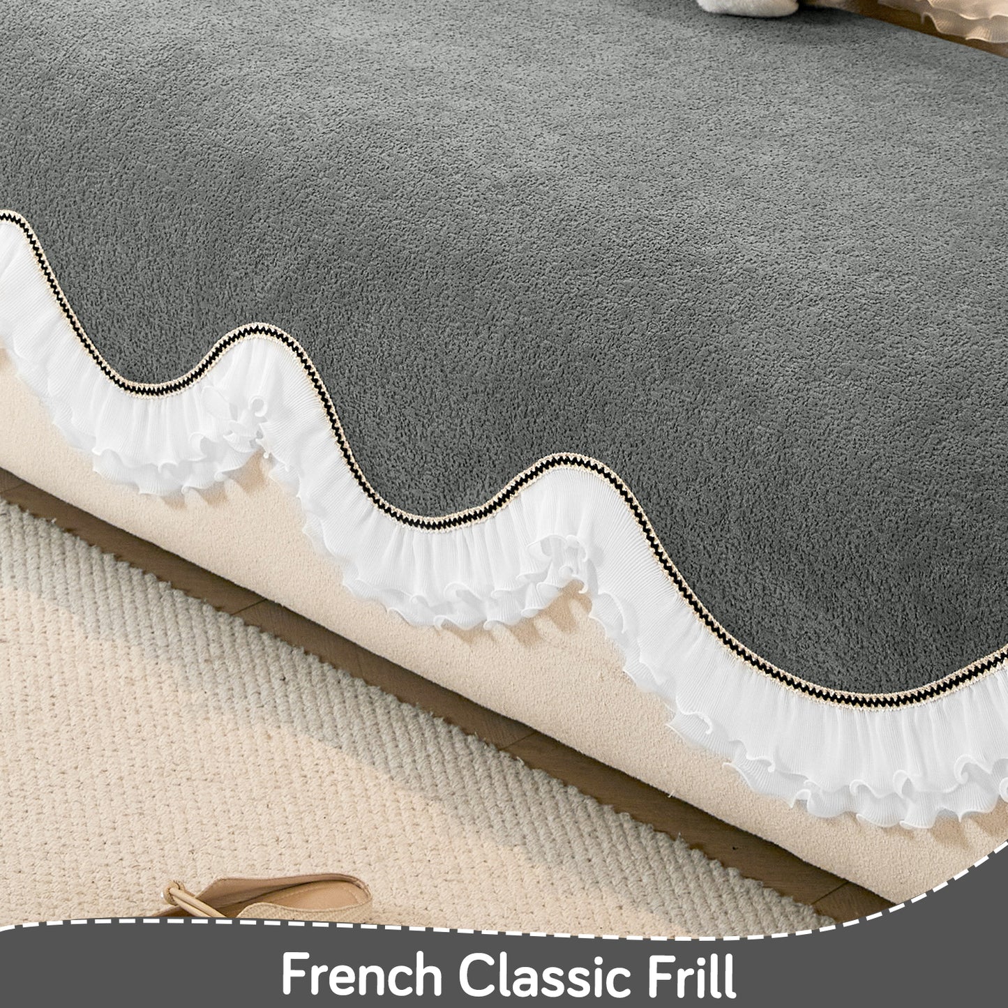 French Classic Frill Wavy Sofa Cover Mat with Curve & Lace - Moonstone Grey