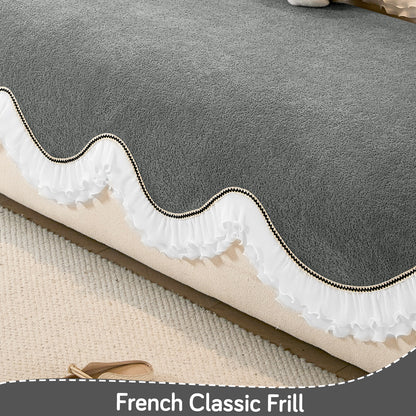 French Classic Frill Wavy Sofa Cover Mat with Curve & Lace - Moonstone Grey