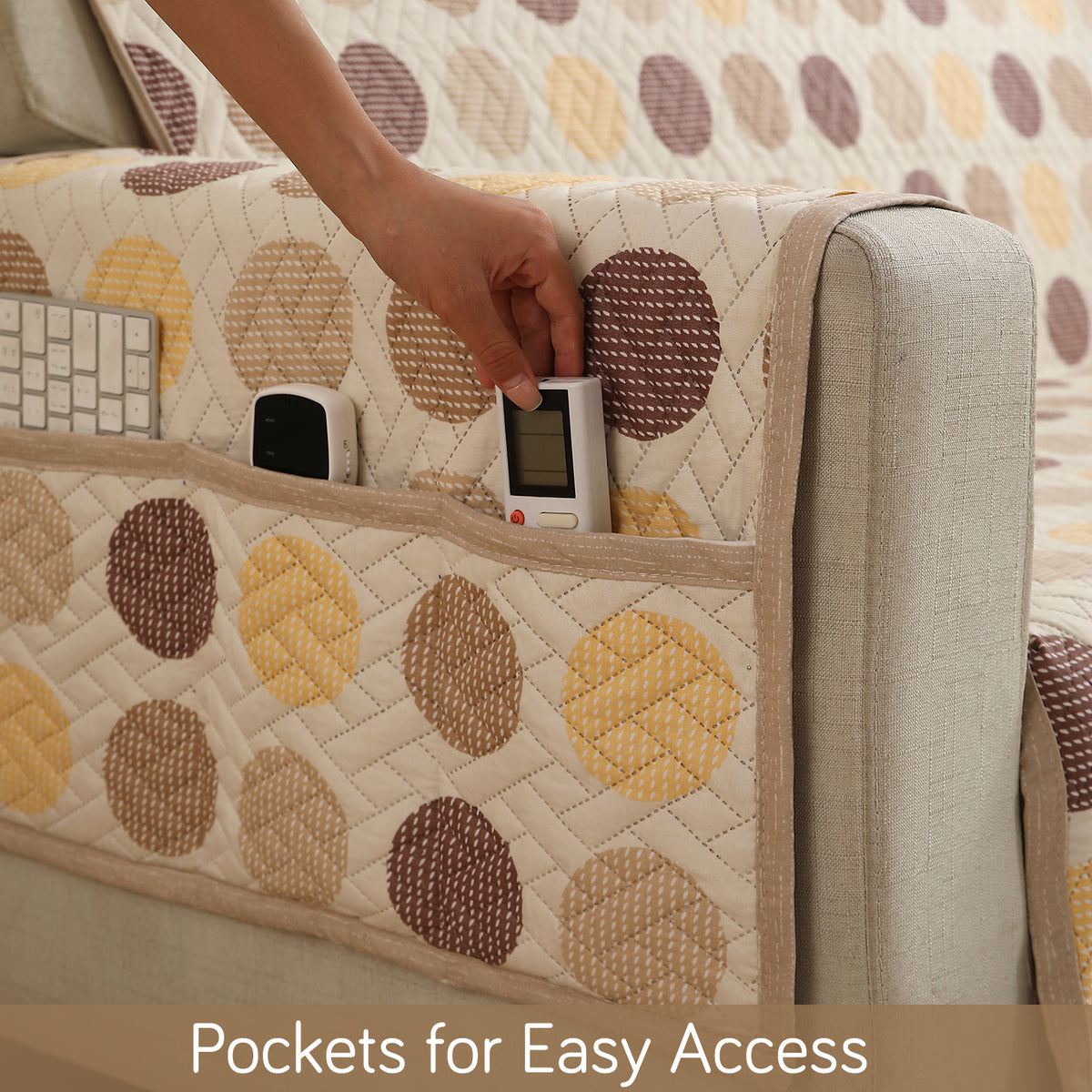 Brown Polka Dot Print quilted sofa cover set​ with handy side pocket