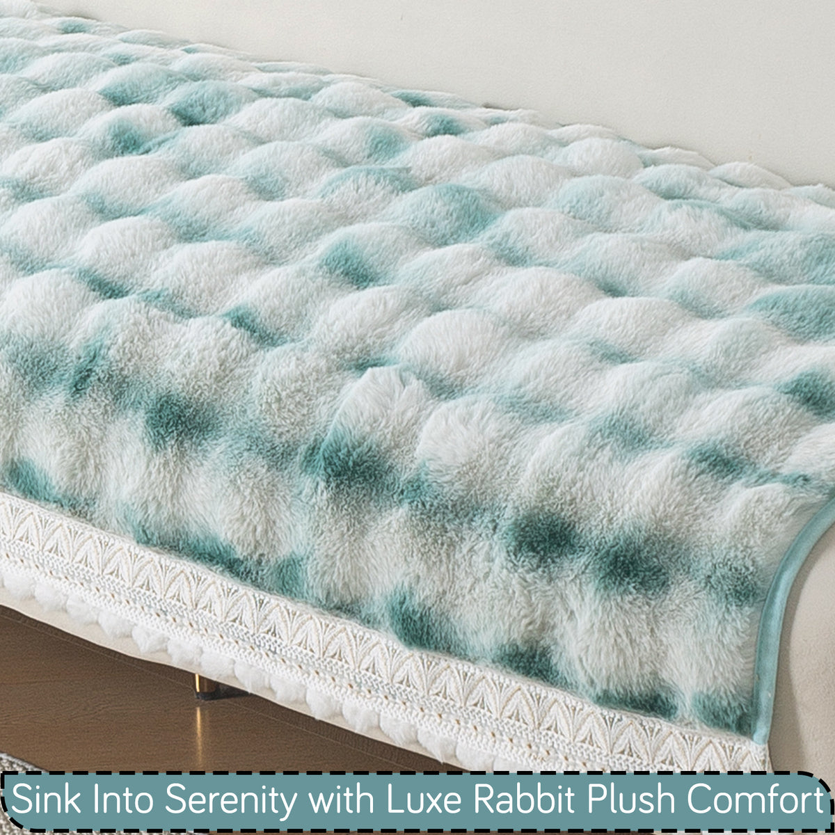 Faux Rabbit Fur Sofa Cover with Lace |Gradient Rabbit Plush, Green
