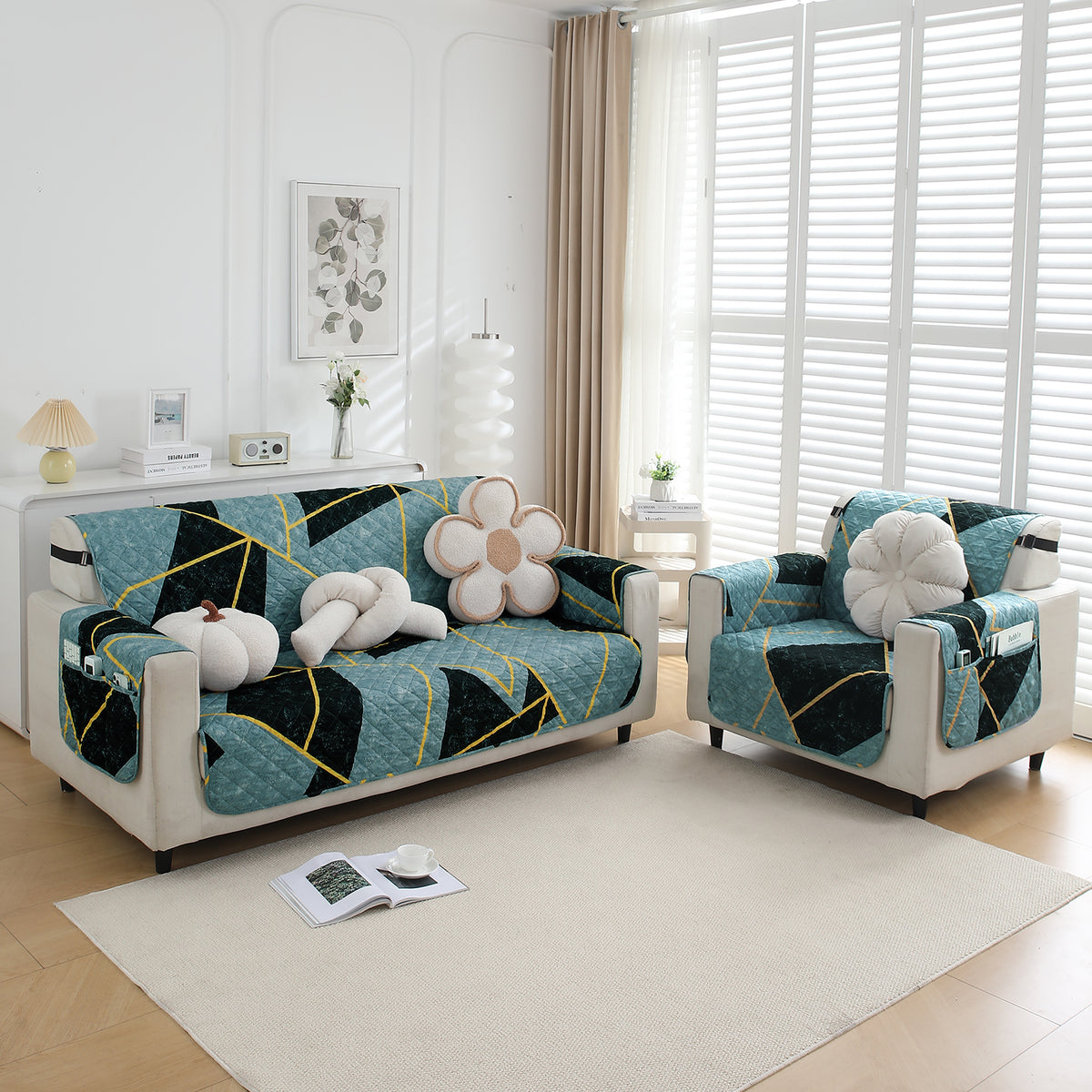 Waterproof & Quick-Dry Quilted Sofa Cover with Pockets on Armrest, Multicolor Abstract Geometry