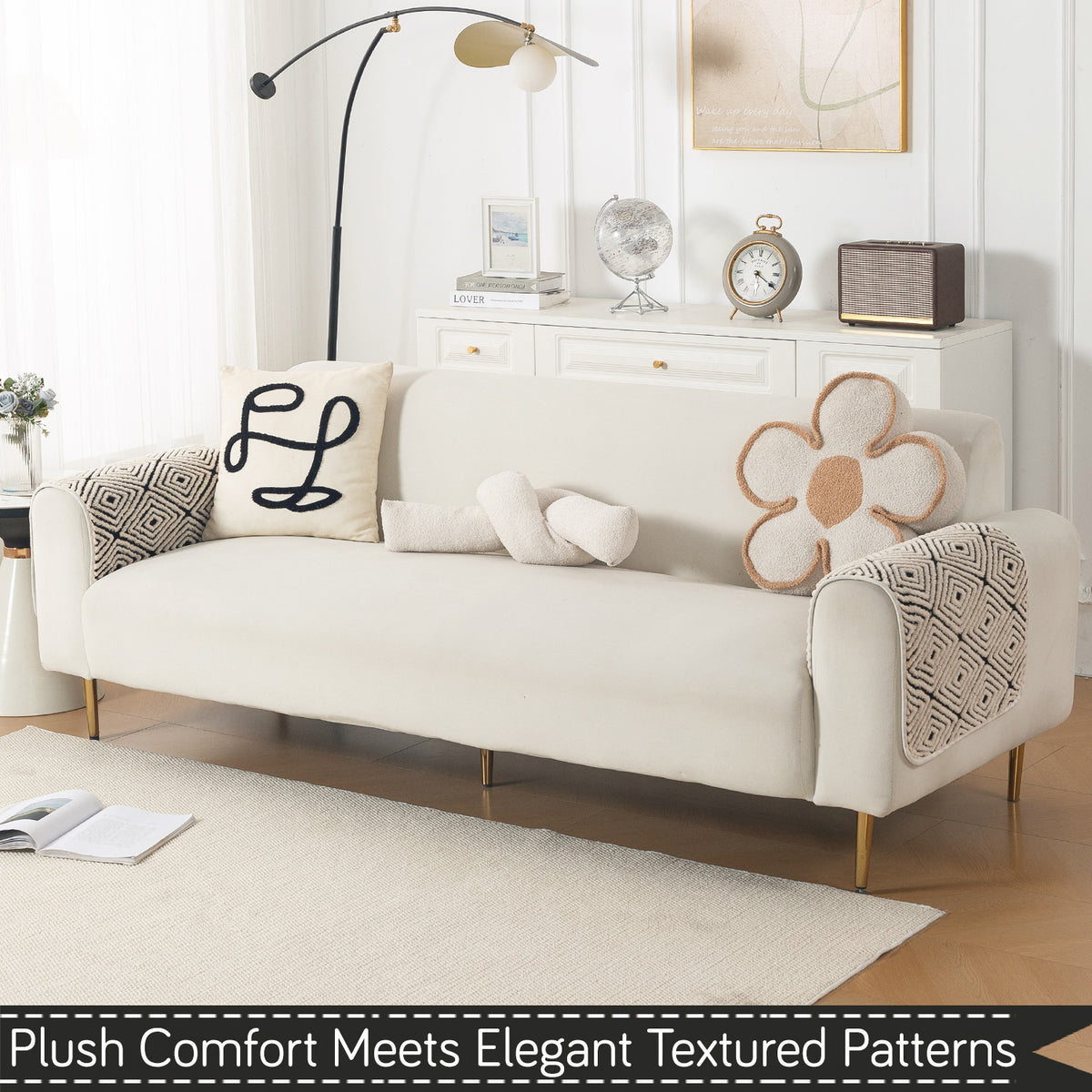 Luxury Plush Sherpa Anti-Slip Sofa Cover Mat, 'Noirea Series'| Geometric Diamond