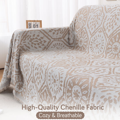 Premium 320 GSM Chenille Sofa Cover Throw All Season 'Serene Abode Series', Boho Floral Tile