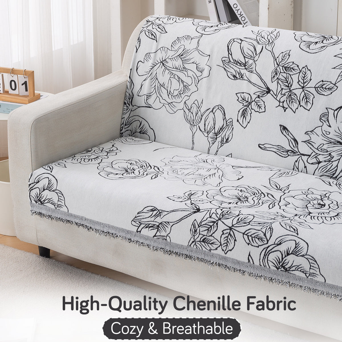 Premium 320 GSM Chenille Sofa Cover 'Serene Abode Series', White Rose Garden