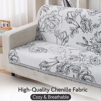 Premium 320 GSM Chenille Sofa Cover 'Serene Abode Series', White Rose Garden