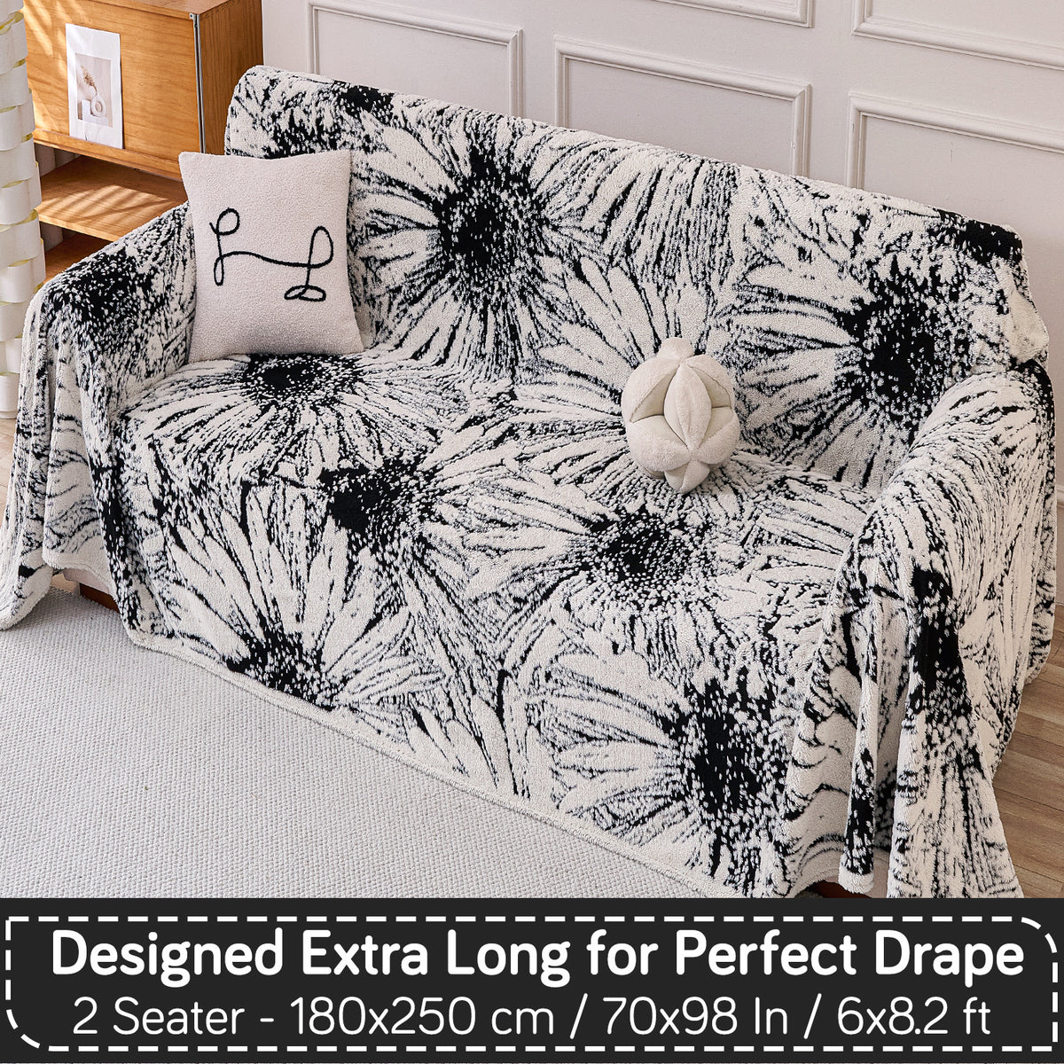 Buy Midnight Black Colour DaisyBloom Series Luxury Plush Sofa Throw – 2 Seater Sofas | HOKIPO