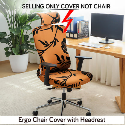 Printed Office Chair Cover with Headrest (High-Back) – 140 GSM Stretch Fabric – Washable, Anti-Slip Fit for Ergonomic Mesh Office Chairs, Copper Brown Floral