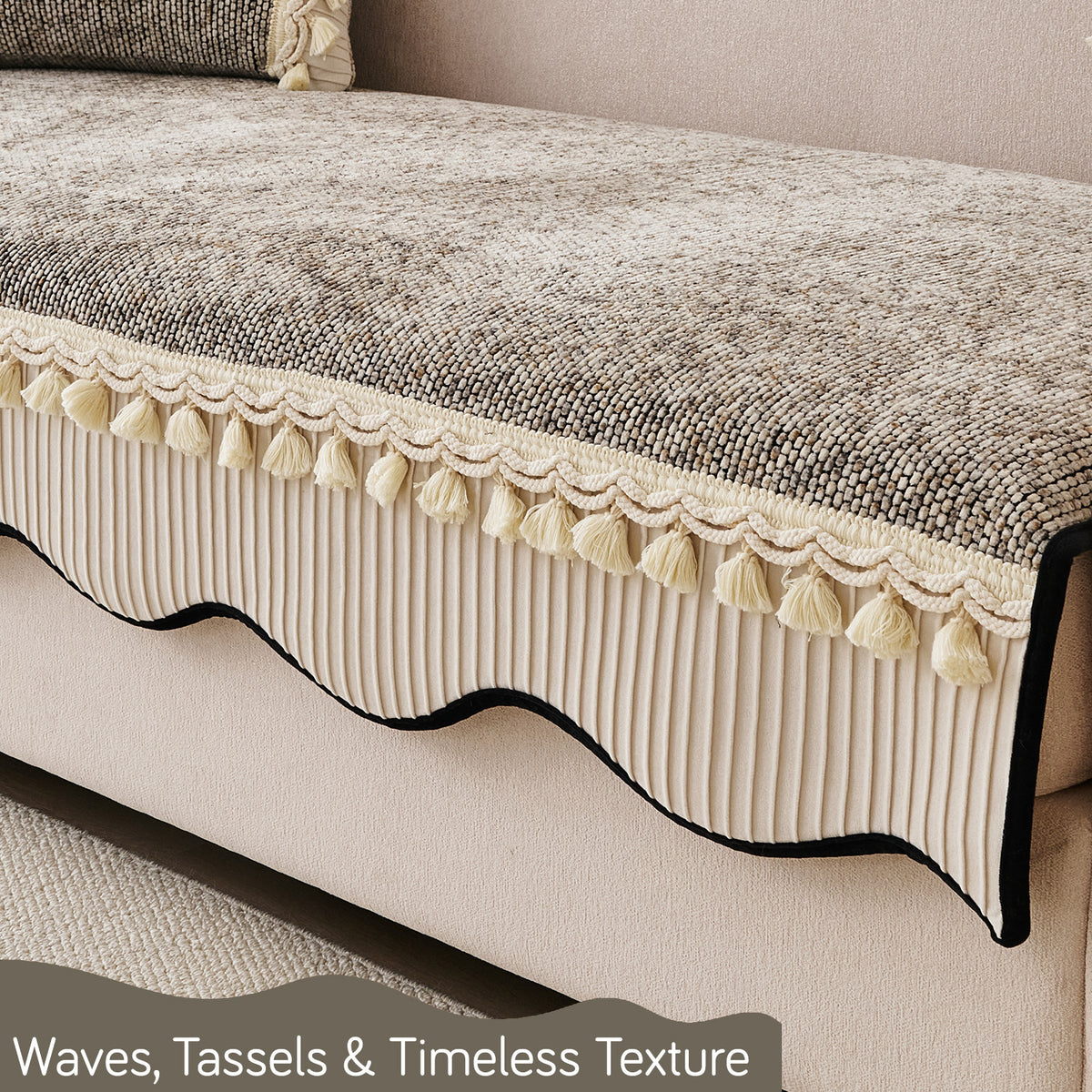'Wavy Royale Series' Thick Woven Weave Chenille Sofa Cover with Tassel, Taupe Mist