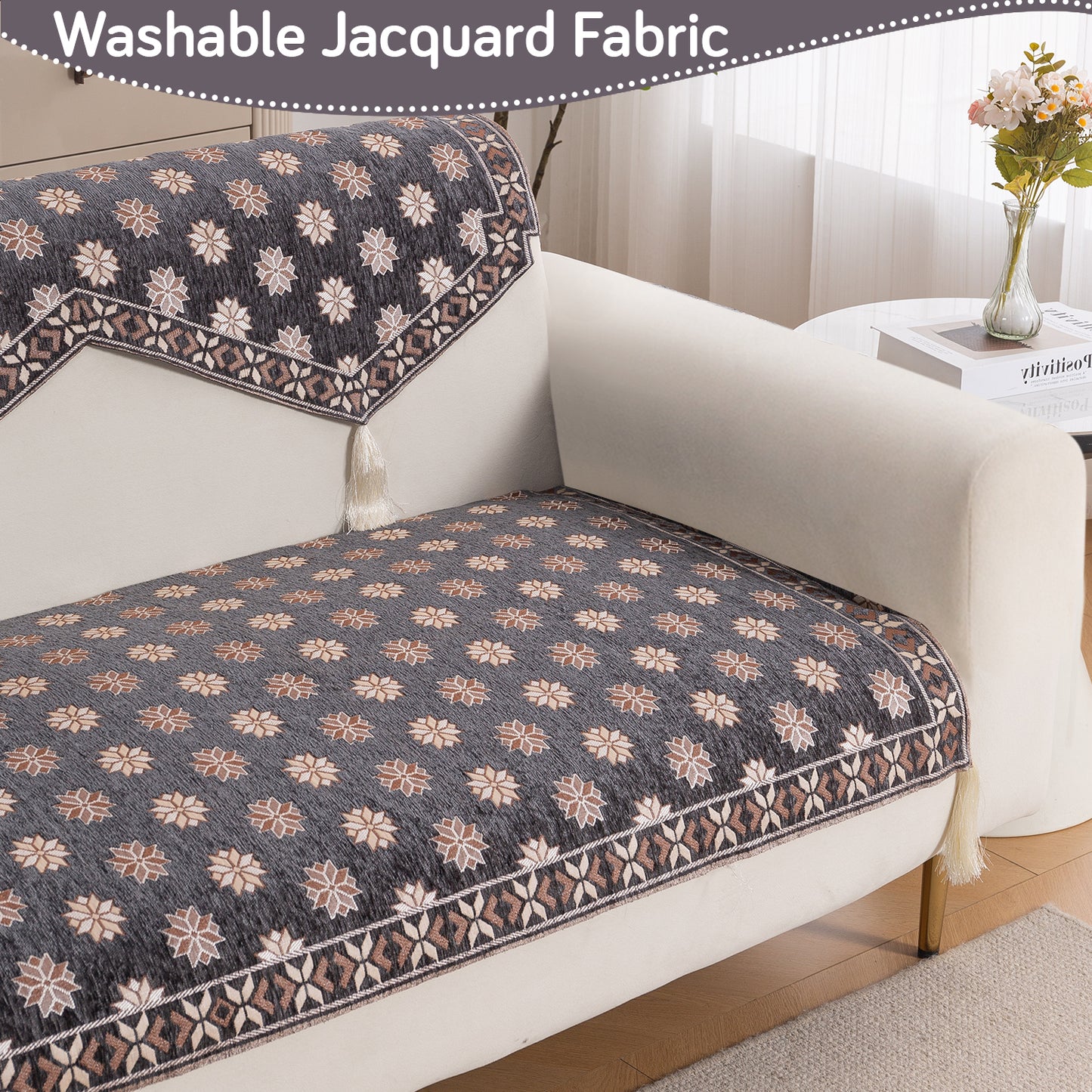 Heritage Weave Premium Jacquard Sofa Cover Set with Tassels - Graphite Grey