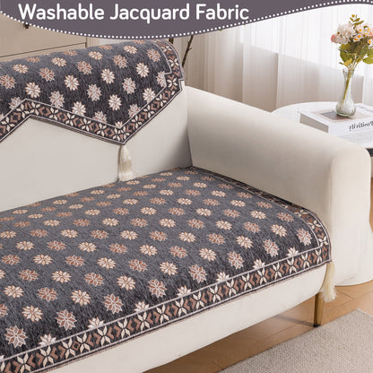 Heritage Weave Premium Jacquard Sofa Cover Set with Tassels - Graphite Grey