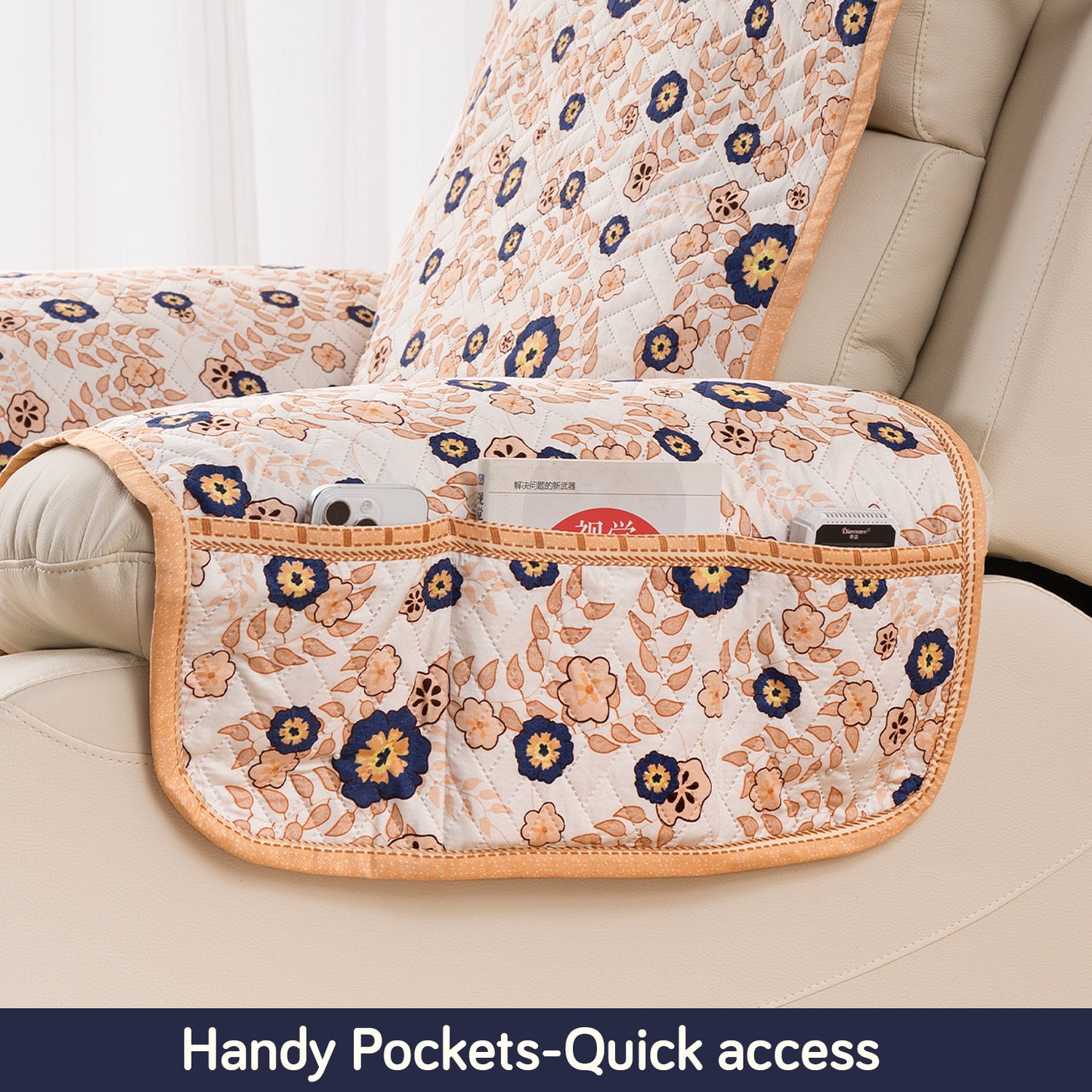 Quilted Cover for Recliner Sofa with SecureFit Belt & Side Pocket, Light Peach Candytuft