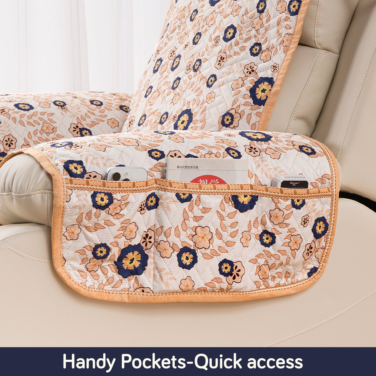 Quilted Cover for Recliner Sofa with SecureFit Belt & Side Pocket, Light Peach Candytuft