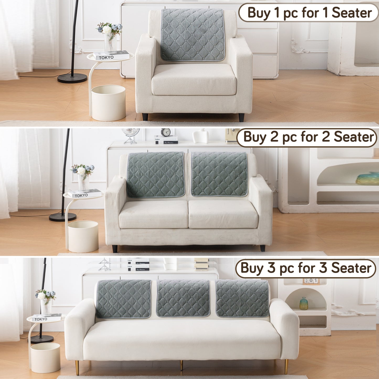 Diamond Tuft Plush Sofa Cover Mat, Stone Grey