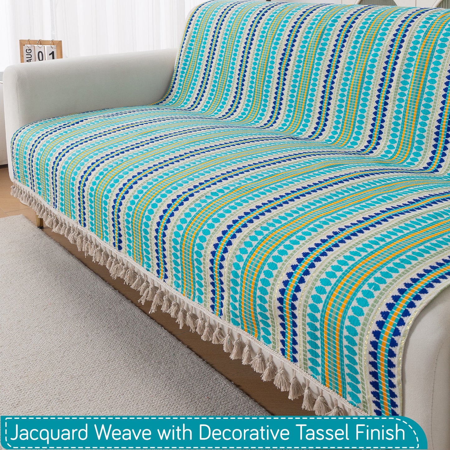Artisan Boho Series 5-Seater Sofa Cover with Tassels (3+1+1), Aqua Blue