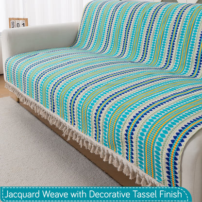 Artisan Boho Series 5-Seater Sofa Cover with Tassels (3+1+1), Aqua Blue