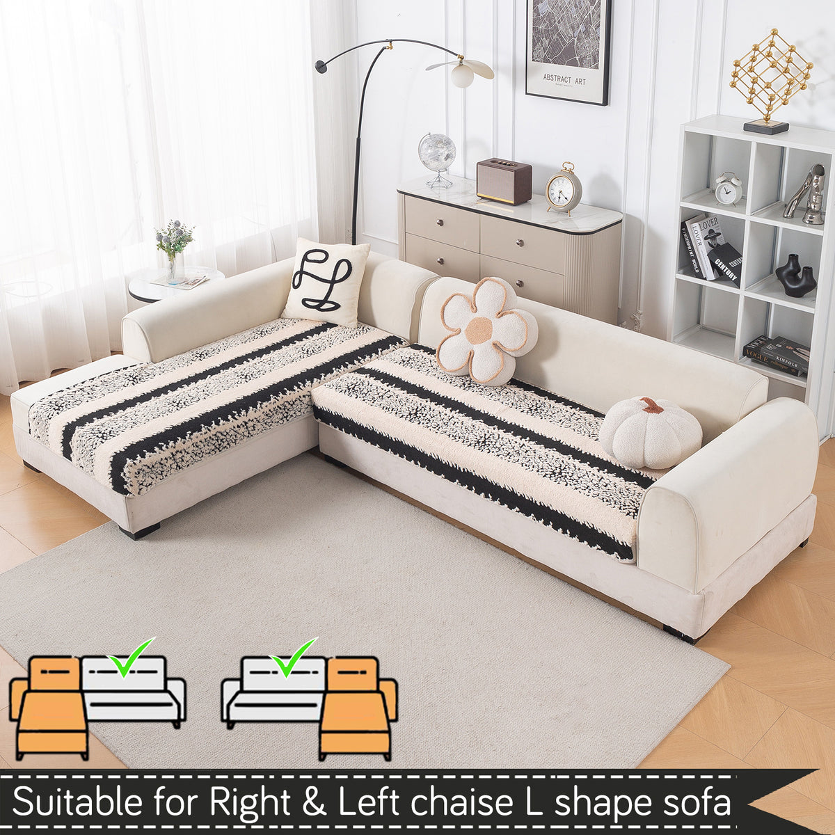 Luxury Plush Sherpa Anti Slip Combination Sofa Mat, 'Noirea Series'|Textured Stripe